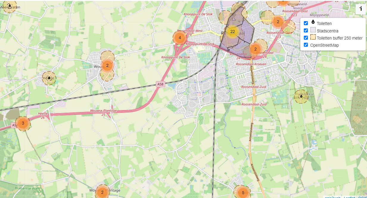 Er staan 41 openbare toiletten verspreid over Roosendaal en de dorpen op de kaart van de Hoge Nood app