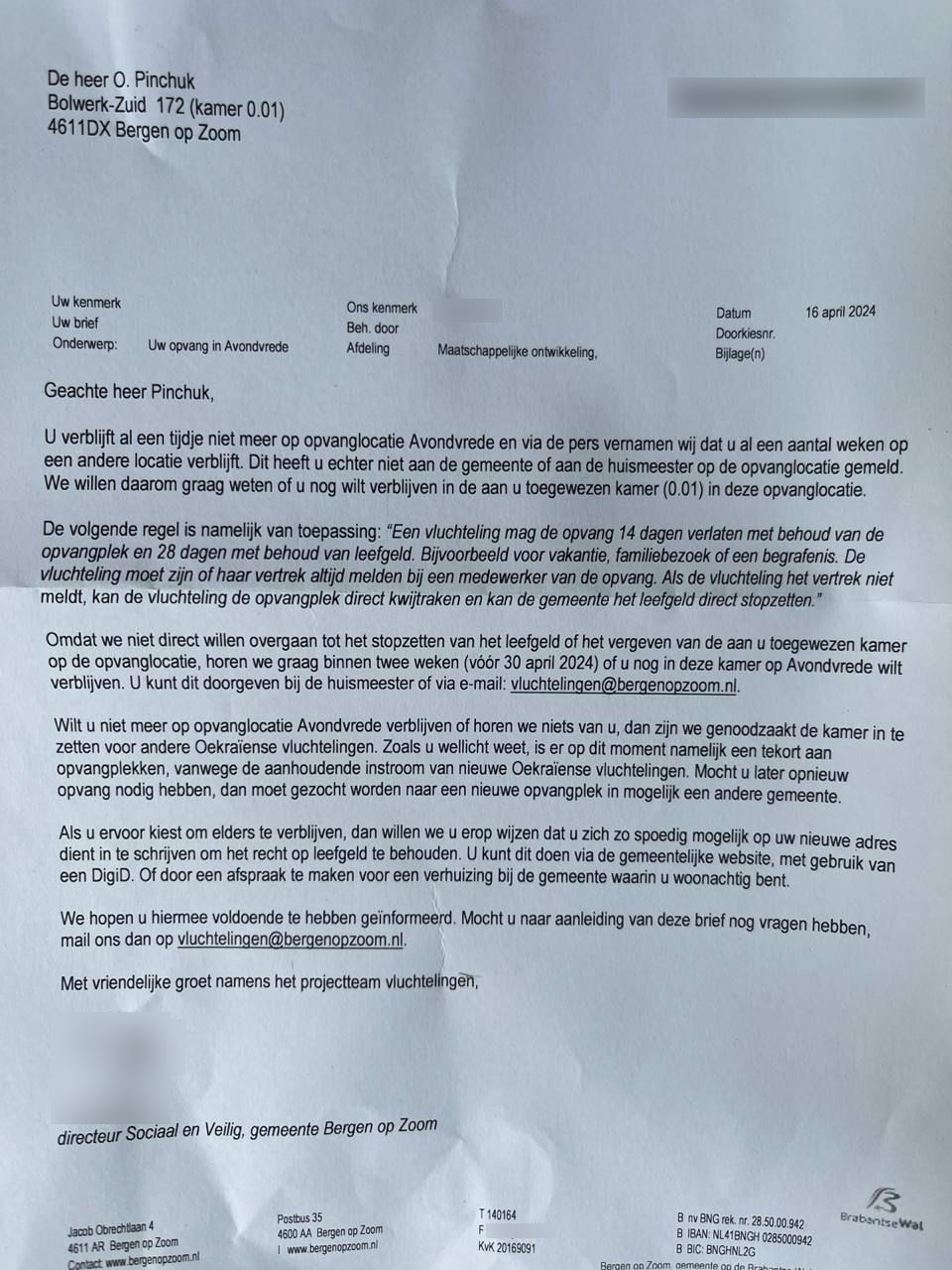 brief gemeente Bergen op Zoom aan Oekraïense vlucheling