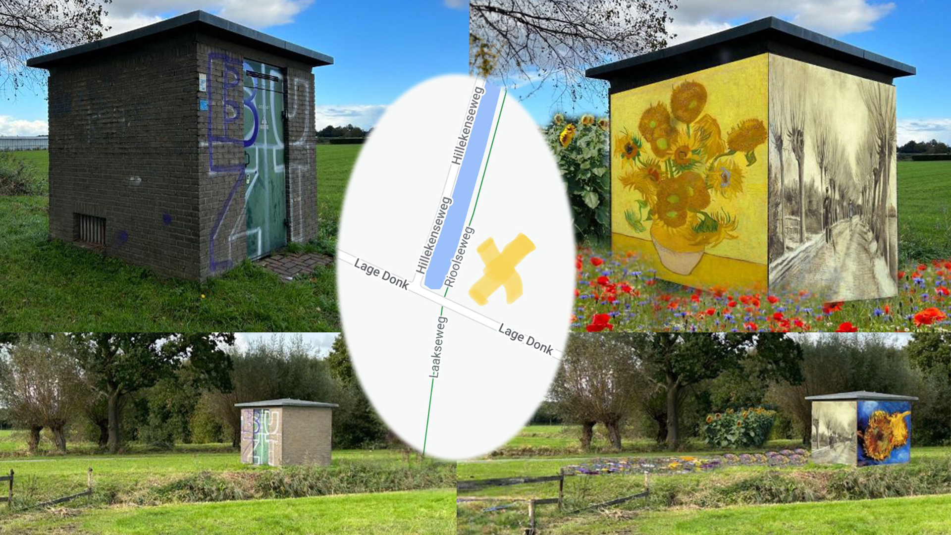 Een trafohuisje in het buitengebied van Etten-Leur. Met graffitti en zonder Vincent (links) en rechts met een geprojecteerd afbeelding vande beroemde kunstenaar. Foto Pierre van Damme