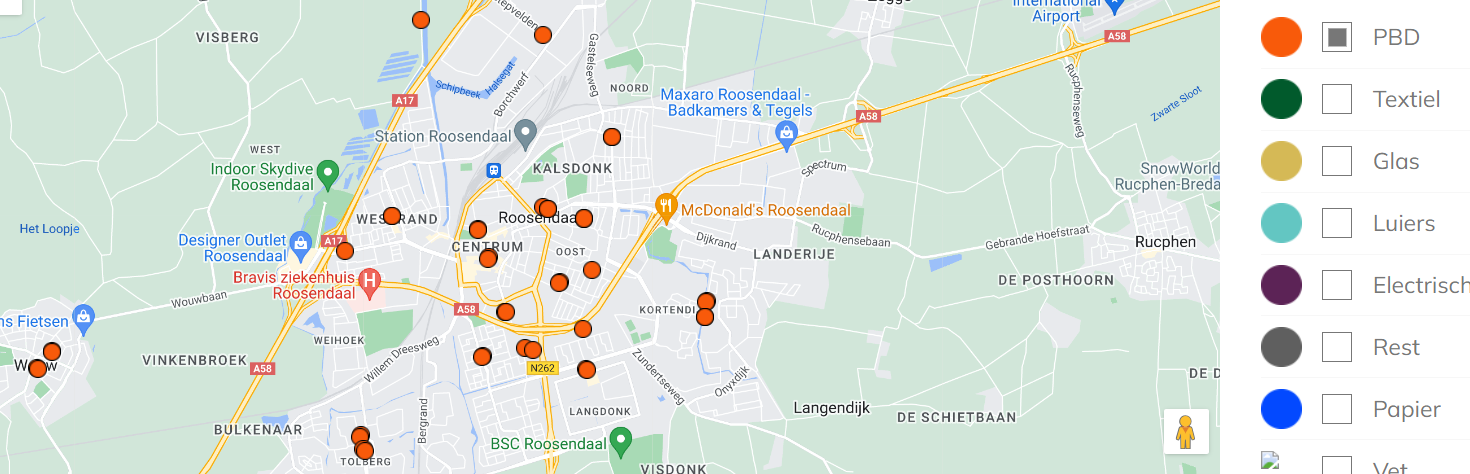 Overzicht inzamelpunten voor jouw adres. Bron: Saver